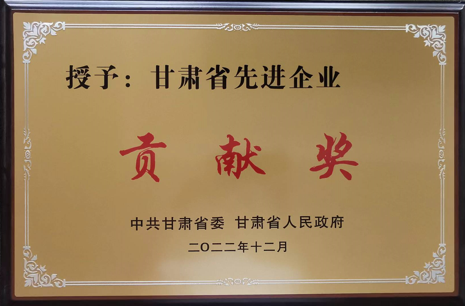 甘肅省先進企業貢獻獎